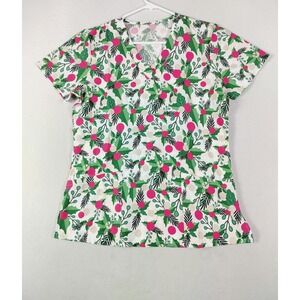 Divine Stretch Scrub Top Womens Small Multicolor Christmas Holly V Neck‎
